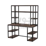 میز تحریر و کامپیوتر مدرن با قفسه و کتابخانه بالا