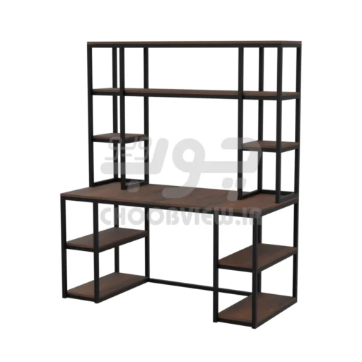 میز تحریر و کامپیوتر مدرن با قفسه و کتابخانه بالا