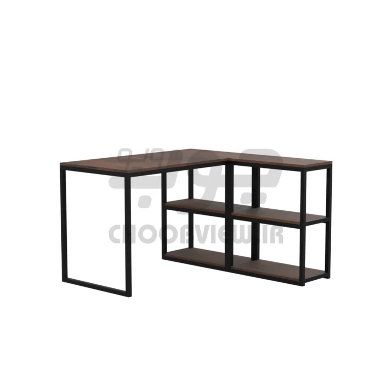 میز تحریر و کامپیوتر ال شکل مدرن با قفسه‌ جانبی | میز کار چوبی فلزی مستحکم مناسب دفتر و منزل