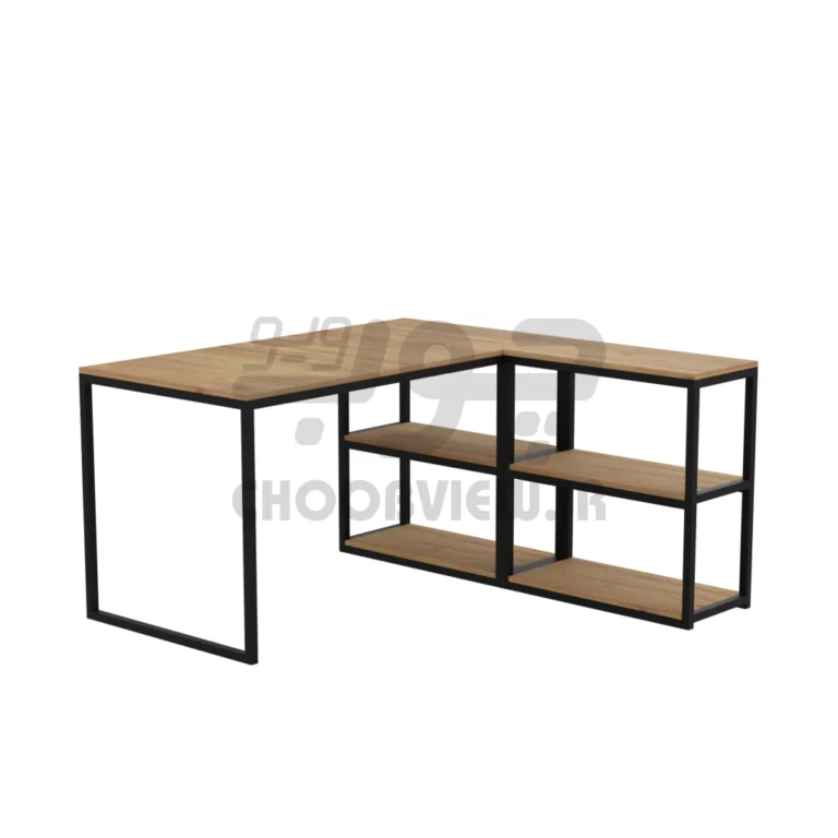 میز تحریر و کامپیوتر ال شکل مدرن با قفسه‌ جانبی | میز کار چوبی فلزی مستحکم مناسب دفتر و منزل